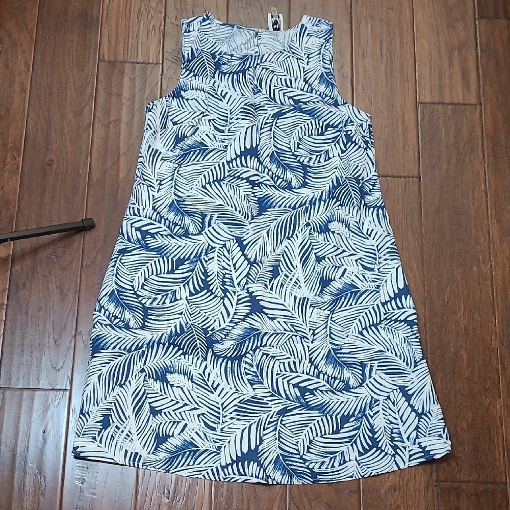 Anne Klein Sleeveless Blue & White Tropical Leaf Print Linen Blend Dress size 6